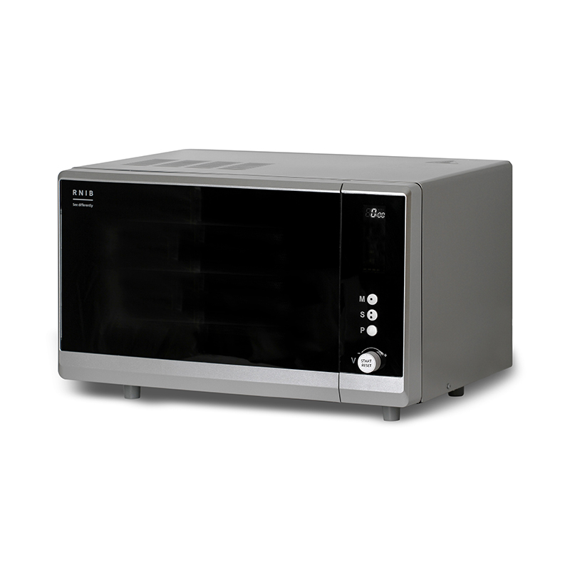 black and silver microwave with white tactile buttons